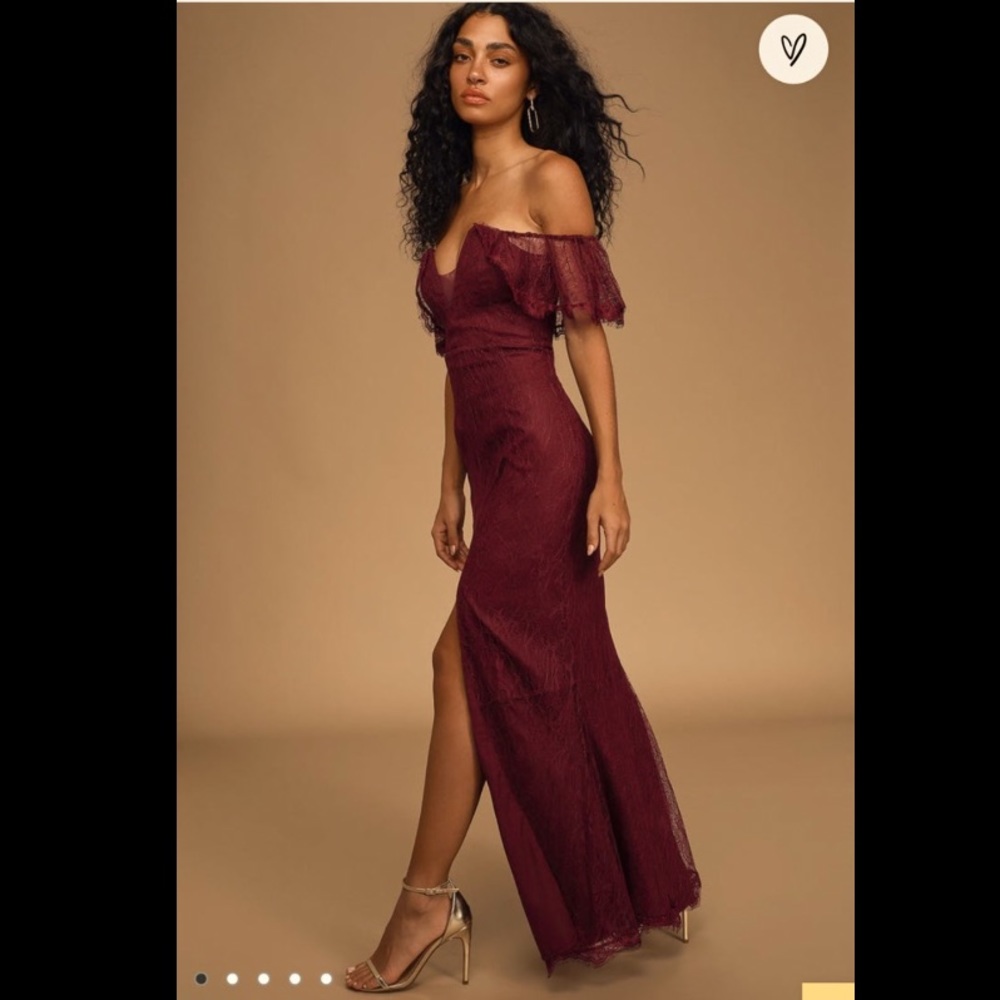 Lulu’s Caught In A Daydream Burgundy Lace Off The Shoulder Maxi Dress